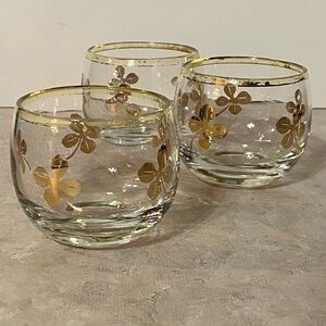 Vintage Roly Poly short gold embossed clover glasses, set of 3 cute little cups